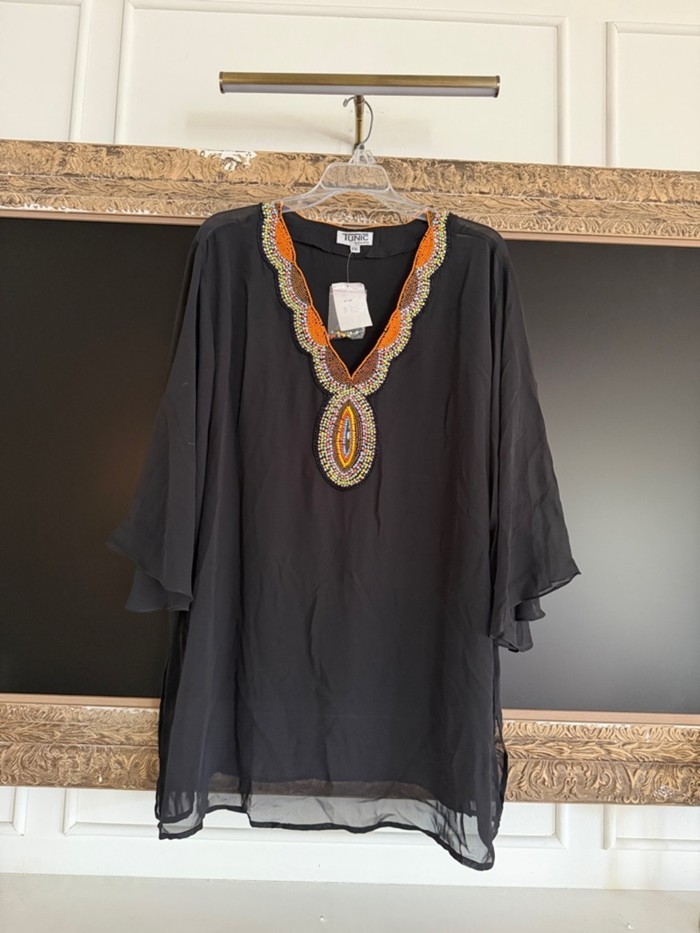 Beaded Black Tunic with Orange Accent